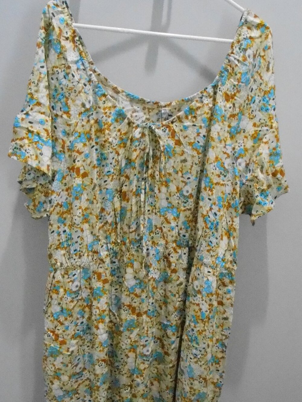 Women's Yellow White Blue Brown Floral Short Sleeve Summer Midi Rayon Dress-3XL